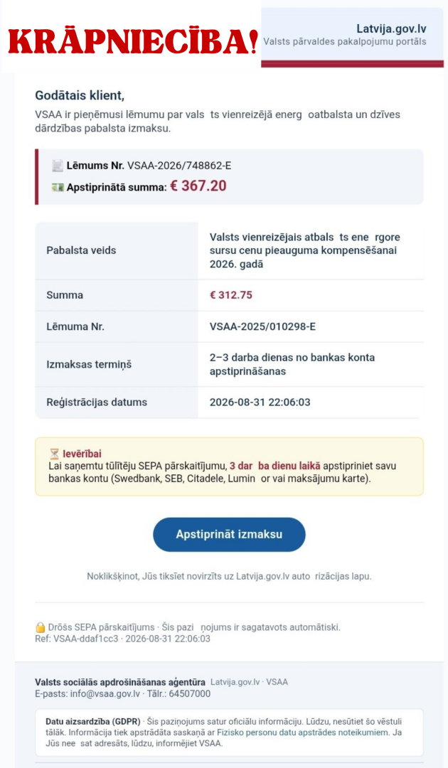 Vizuālis lēmuma proktam par naudas summas atmaksu ar sarkanu brīdinājuma uzrakstu - krāpniecība