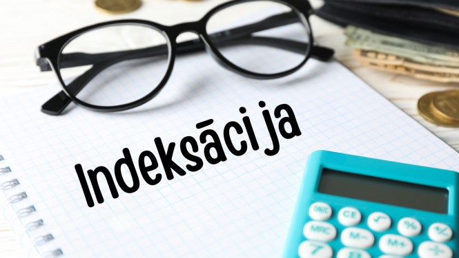atvērta burtnīca ar kalkulatoru un brillēm, uzraksts indeksācija