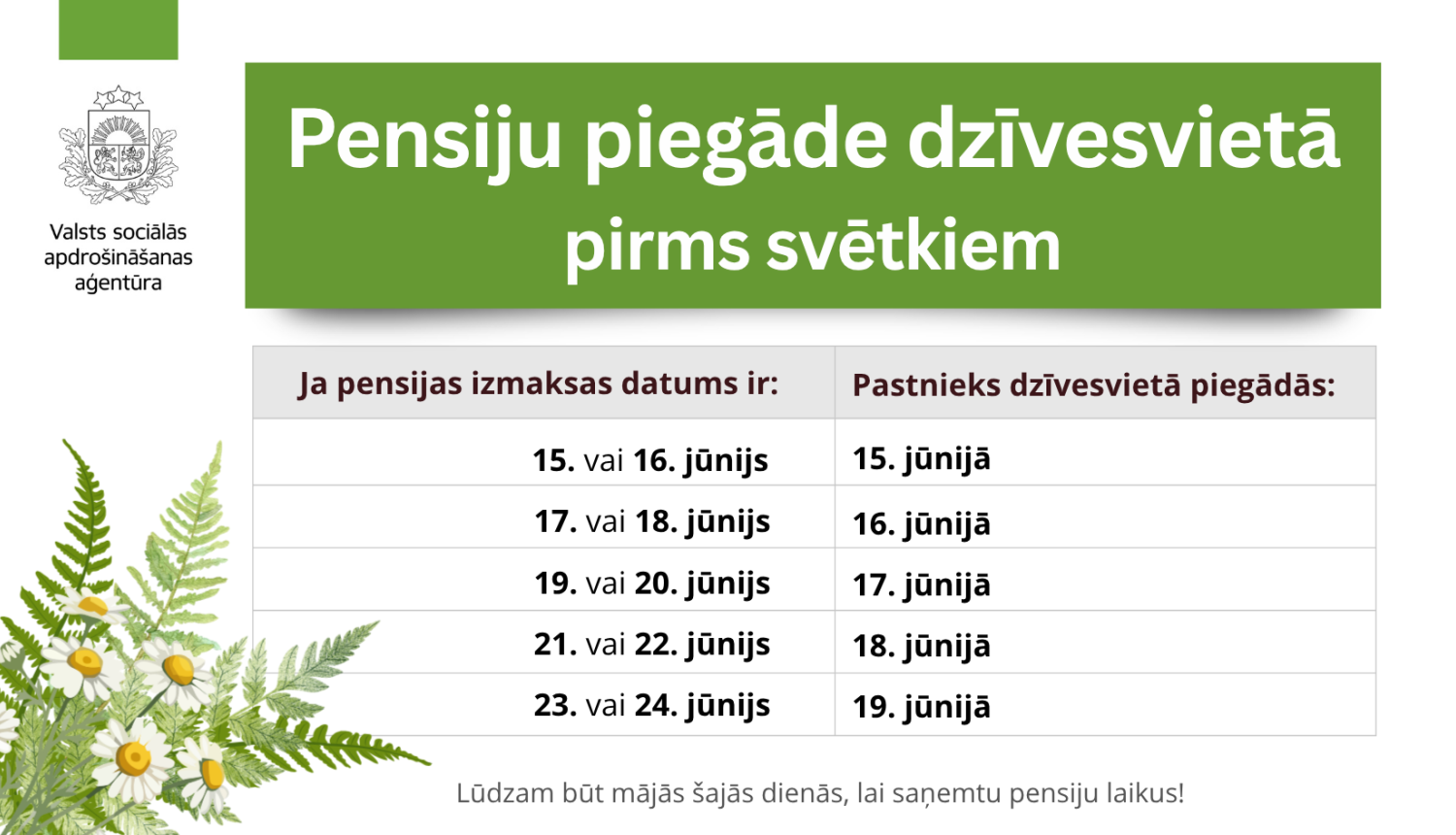 paparedes lapas ar margrietiņām, datumi ar izmaksas izmaiņām, par pesnijas piegādi mājās.