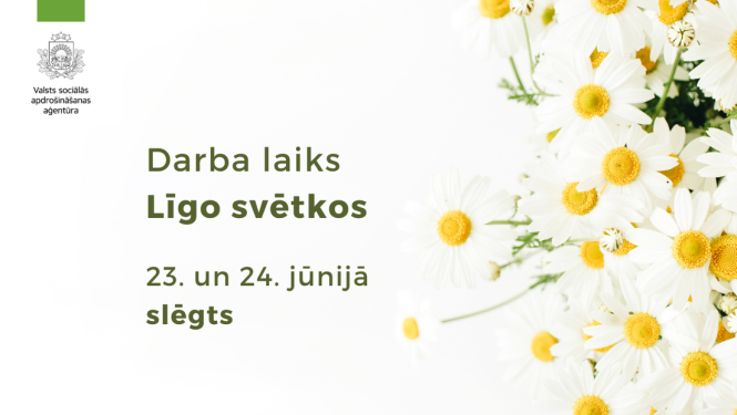 balts fons ar margrietiņām un informācija par izmaiņām darba laikā svētkos