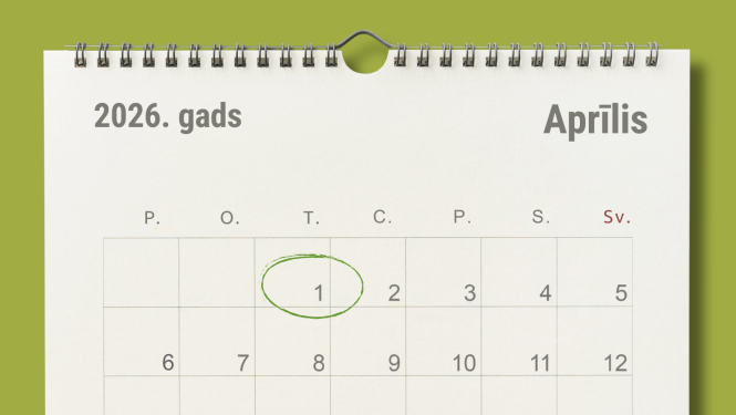 2026. gada aprīļa kalendārs ar zaļu apli apvilktu 1. datumu.