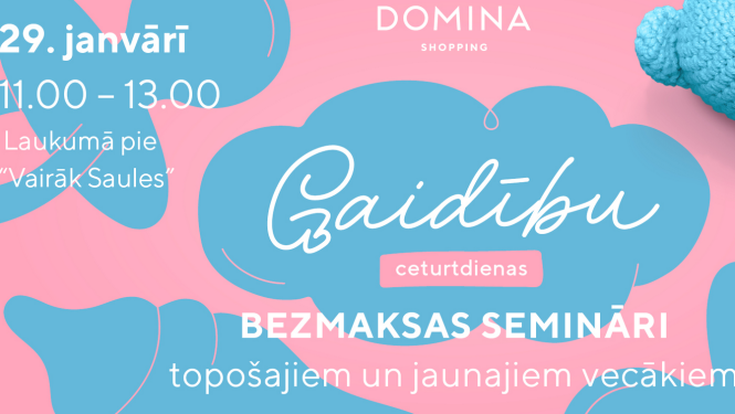 Rozā ar zilu fona bilde ar lāci un tekstu: 29. janvārī plkst. 11-13