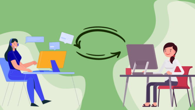 Divi zīmēti cilvēki, kuri sēž pie datora un sazinās savā starpā