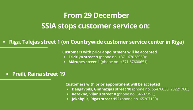 From 29 december ssia stop customer cervice on Riga, Talejas street 1 and Preili Raina street 19