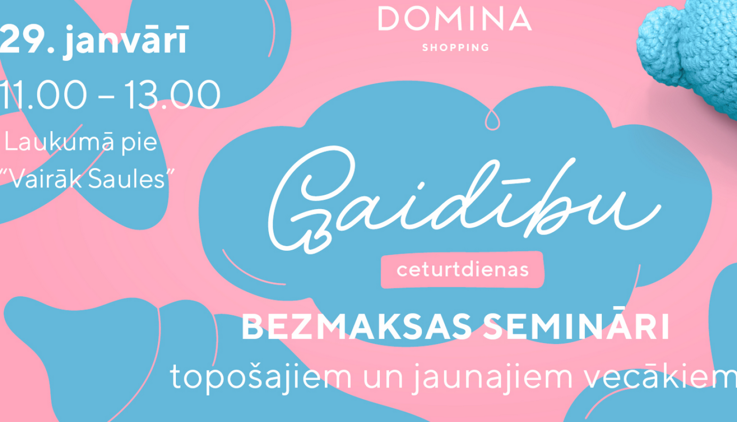 Rozā ar zilu fona bilde ar lāci un tekstu: 29. janvārī plkst. 11-13