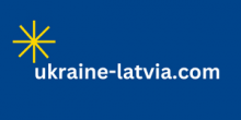 Tumši zils fons ar dzeltenu staru zvaigzni kreisajā pusē un uzraksts angļu valodā "Ukraine-Latvia.com"